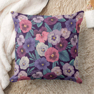 Pansies on plum violet cushion