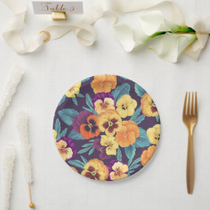 Pansies on plum violet paper plate