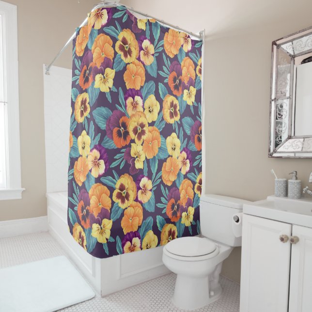 Pansies on plum violet shower curtain (In Situ)