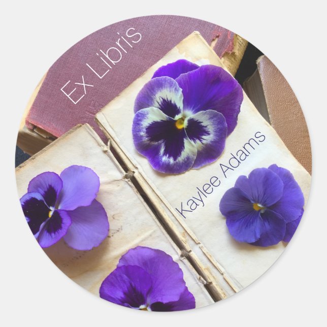 Pansies on vintage books bookplate classic round sticker (Front)