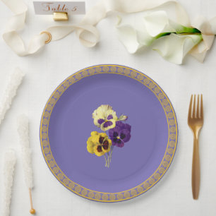 Pansies, purple and yellow paper plate