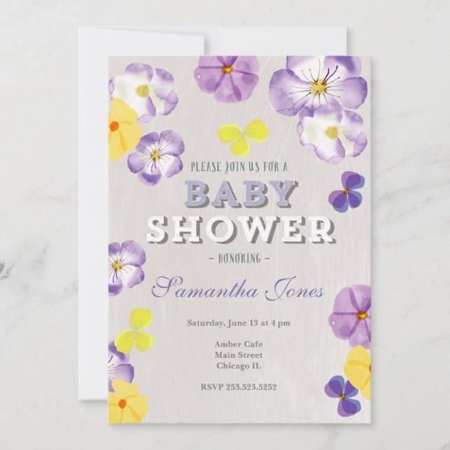 Pansies violas baby shower invitation (Front)