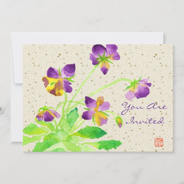 Pansies Watercolor Painting Purple Yellow Washi Invitation (Front)