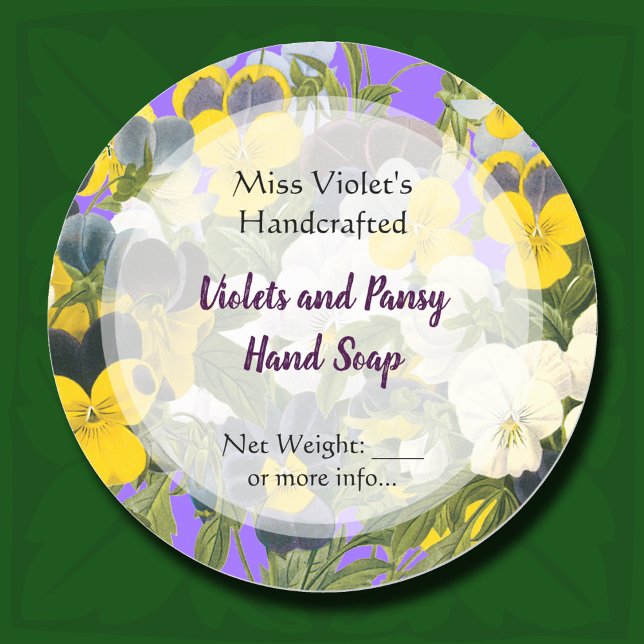 Pansy and Violets Custom Soap or Craft Stickers (Pansy and violet flowers botanical round stickers)