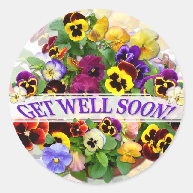 PANSY BEAUTY GET WELL GREETING CLASSIC ROUND STICKER (Front)