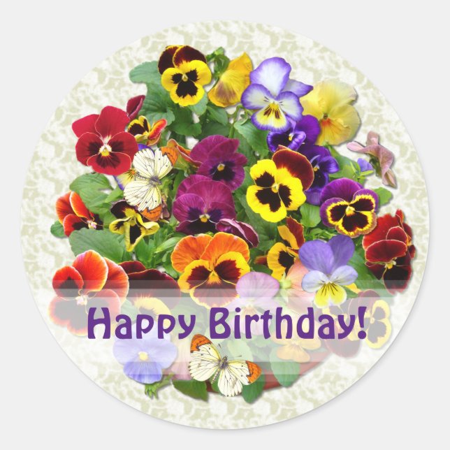 Pansy Beauty Happy Birthday Classic Round Sticker (Front)