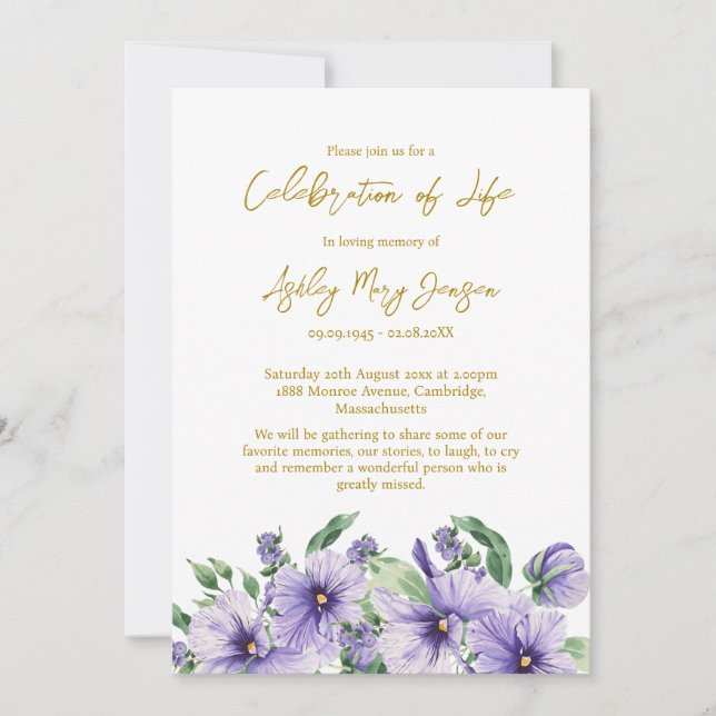 Pansy Celebration of Life Funeral Invitation (Front)