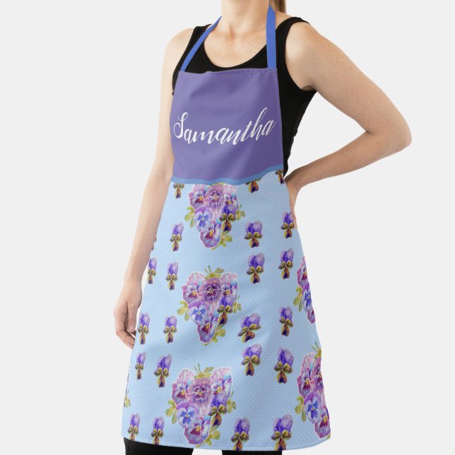 Pansy Floral Shabby Chic Blue Purple Viola art Apron (Insitu)