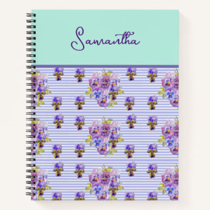 Pansy Flower Aqua Stripe art floral Girls Name Notebook