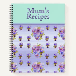 Pansy Flower Aqua Stripe art floral Mum Recipe Not Notebook
