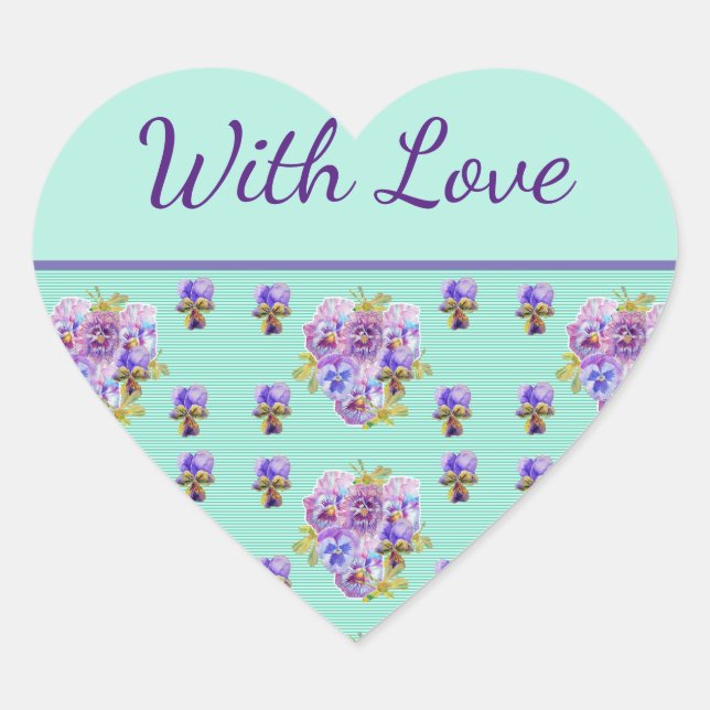 Pansy Flower Aqua Stripe floral Green With Love Heart Sticker (Front)