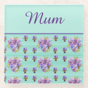 Pansy Flower Aqua Stripe floral Mom Mothers Day Glass Coaster