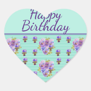 Pansy Flower Aqua Stripe floral Mum Happy Birthday Heart Sticker