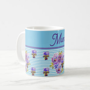 Pansy Flower Aqua Stripe floral Mum Mothers Day Coffee Mug