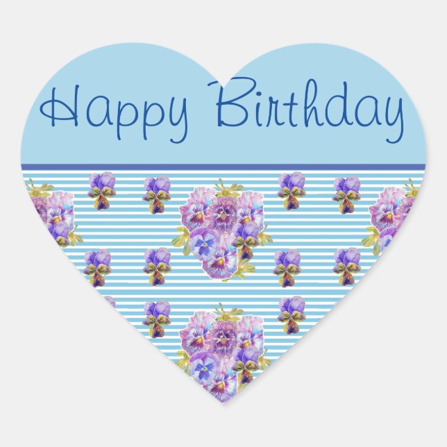 Pansy Flower Blue Stripe floral Happy Birthday Heart Sticker (Front)