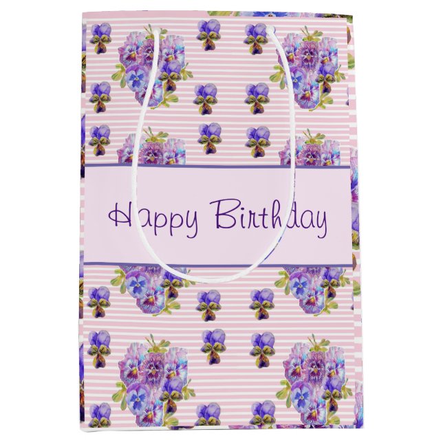 Pansy Flower Pink Stripe floral Happy Birthday Medium Gift Bag (Front)