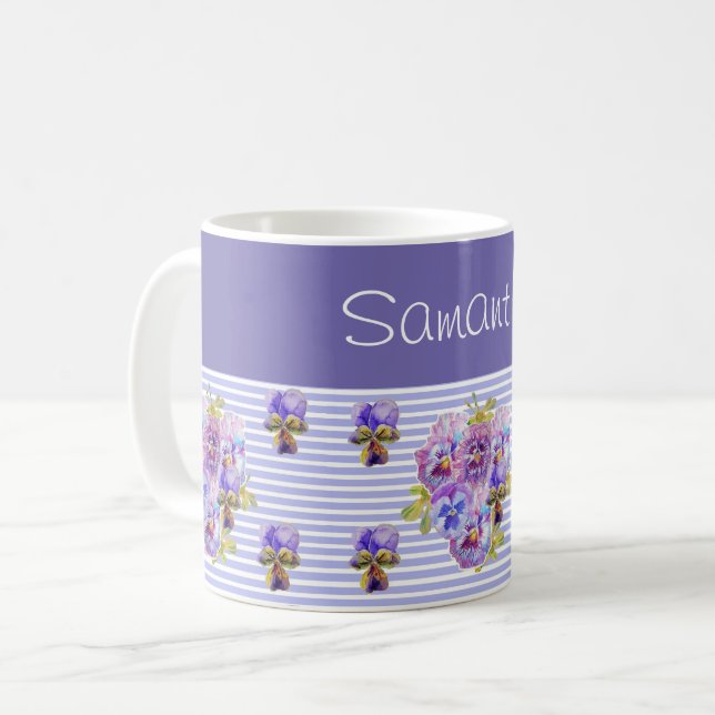 Pansy Flower Purple Stripe floral Customizable  Coffee Mug (Front Left)