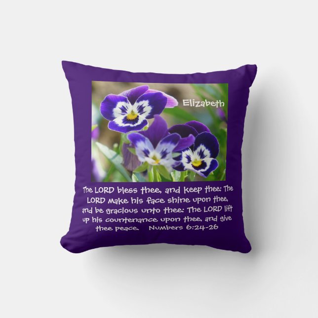 Pansy Flower & Scripture Throw Pillow (Front)