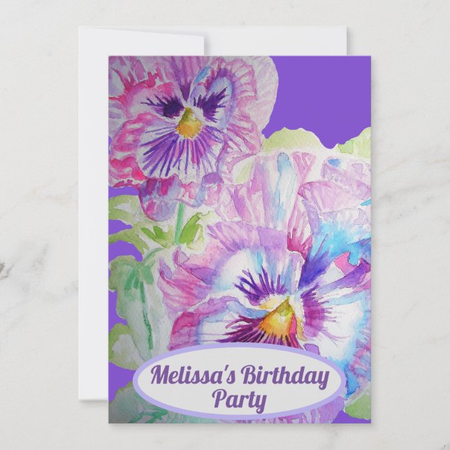 Pansy Flowers Birthday Childs Girls Purple floral Invitation (Front)