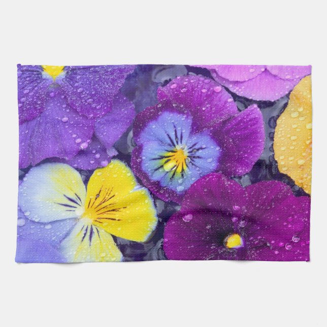 Pansy flowers floating in bird bath with dew 2 tea towel (Horizontal)