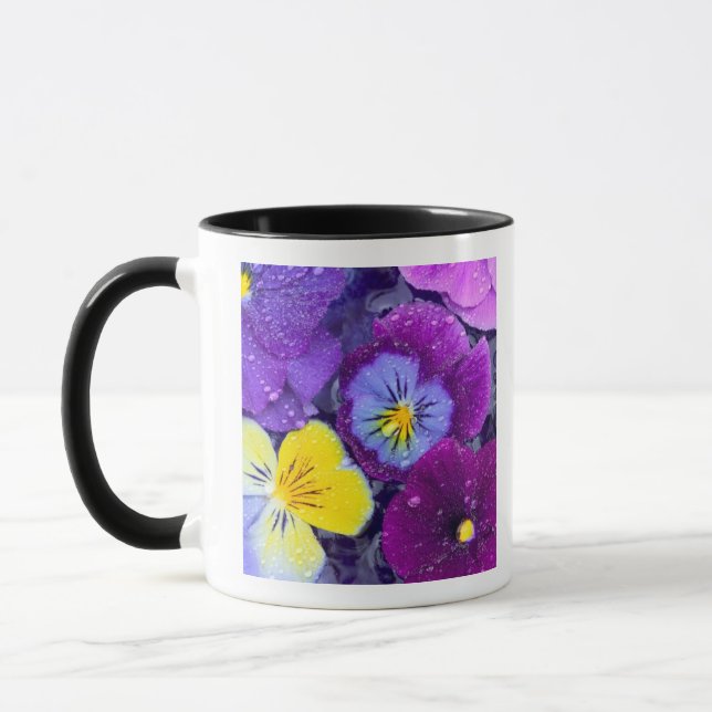 Pansy flowers floating in bird bath with dew mug (Left)