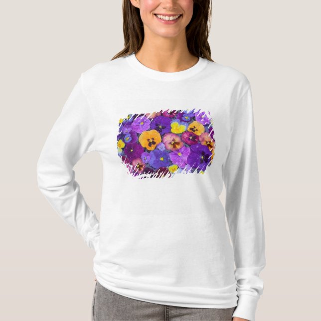 Pansy flowers floating in bird bath with dew T-Shirt (Front)