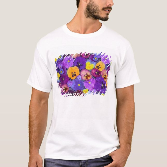Pansy flowers floating in bird bath with dew T-Shirt (Front)
