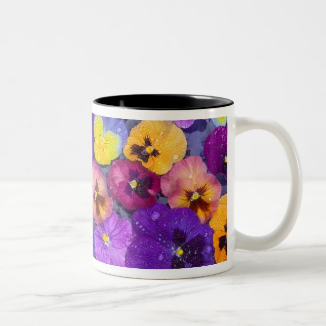 Pansy flowers floating in bird bath with dew Two-Tone coffee mug (Right)