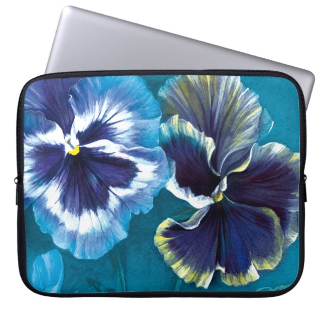 Pansy flowers floral painting aqua blue laptop sleeve (Front)