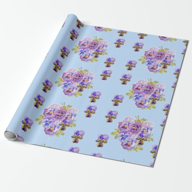 Pansy flowers floral Shabby Chic Blue Wrapping Wrapping Paper (Unrolled)