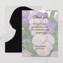 Pansy funeral thank you card with photo