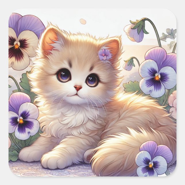 Pansy Kitten Square Sticker (Front)