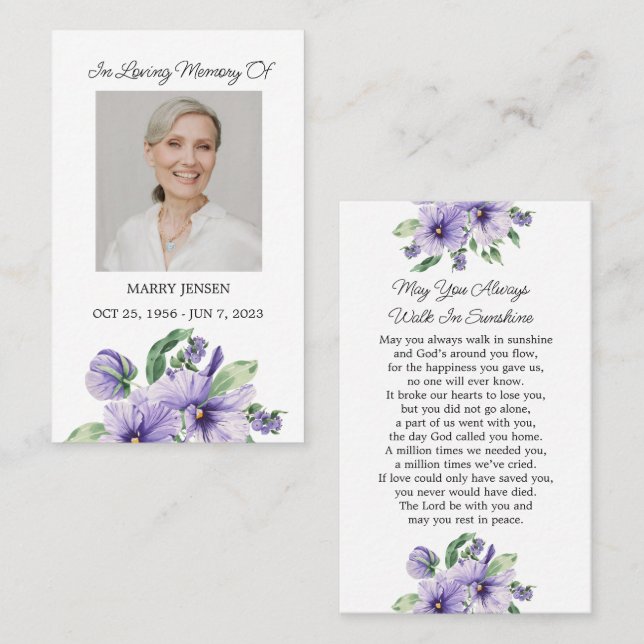 Pansy Memorial Photo Funeral Prayer Card (Front/Back)
