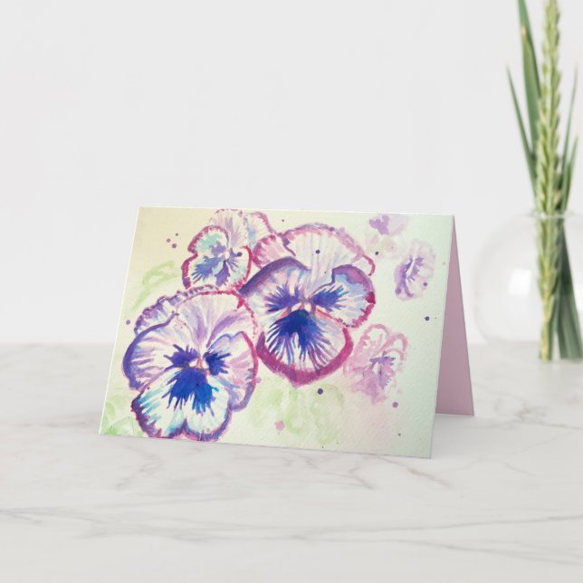 Pansy Panies Purple Flowers Floral Watercolor Card (Front)
