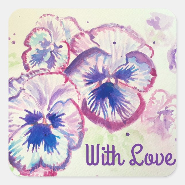 Pansy Pansies Purple Flower Floral Pink With Love Square Sticker (Front)