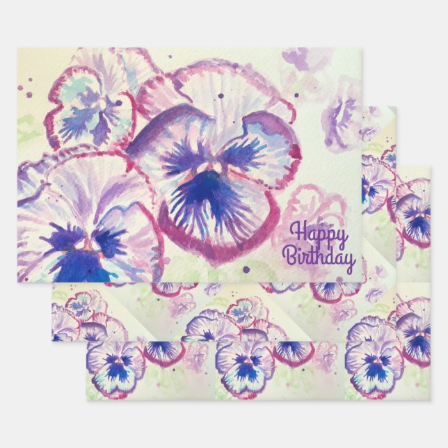 Pansy Pansies Purple Flower Floral Pink Wrapping Paper Sheet (Set)