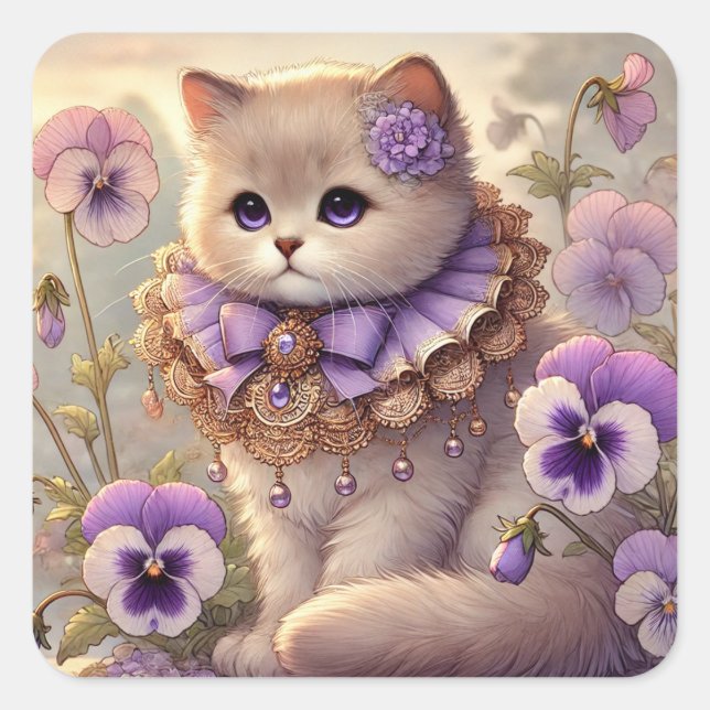Pansy Princess Cat Square Sticker (Front)