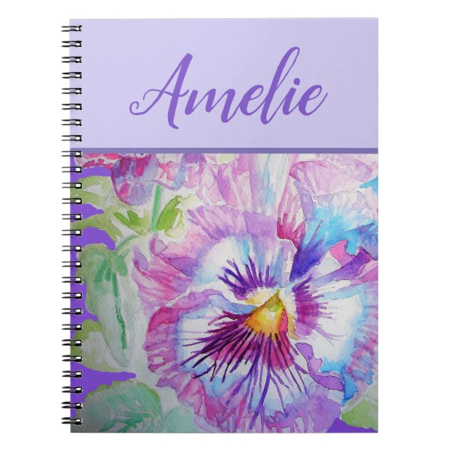 Pansy Purple Watercolor Pretty Floral Flower Notebook (Front)