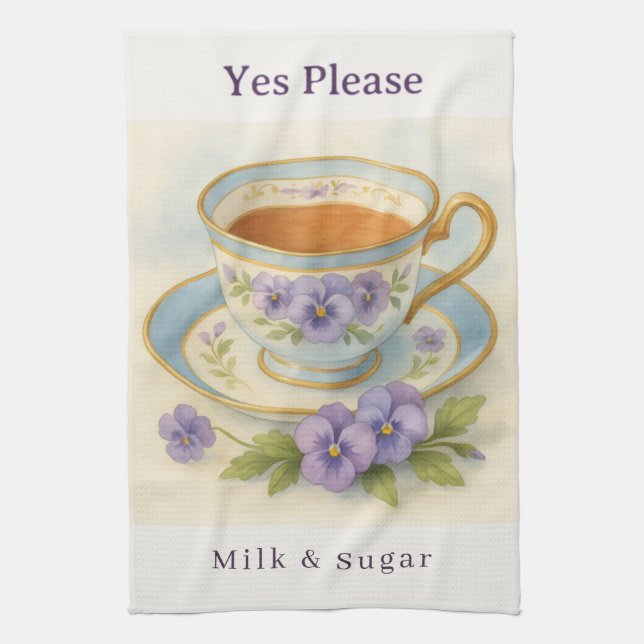 Pansy Teacup Tea Towel | Yes Please Milk & Sugar (Vertical)