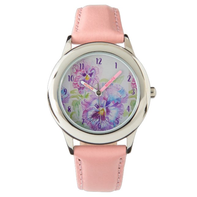 Pansy Watercolor Painting Purple art Flower Floral Watch (Front)