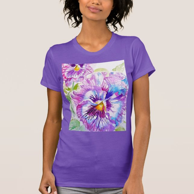 Pansy Watercolor Pattern on Purple Blue Pansies T-Shirt (Front)