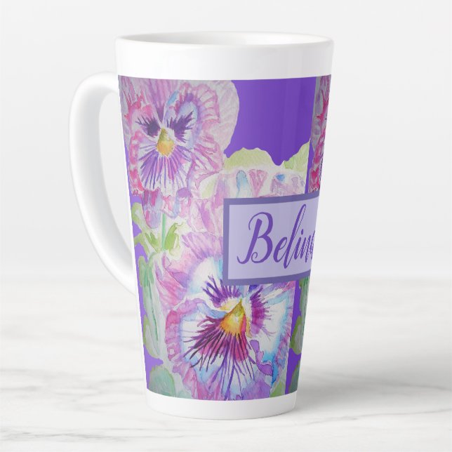 Pansy Watercolour Floral Pretty Purple Flower Latte Mug (Left Angle)