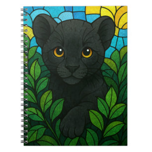 Panther cub among shrubs, stained glass art notebook