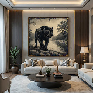 Panther on riverbank powerful animal poster