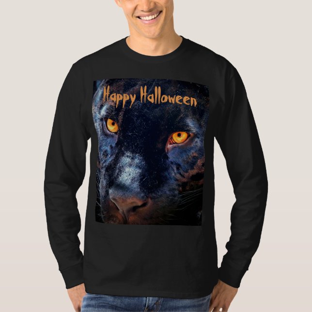 Panther Photo Black Cat Eyes Orange Halloween T-Shirt (Front)