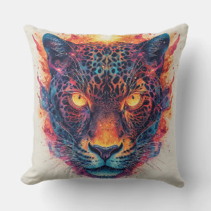 Panther Portrait with Abstract Fiery Elements Cushion
