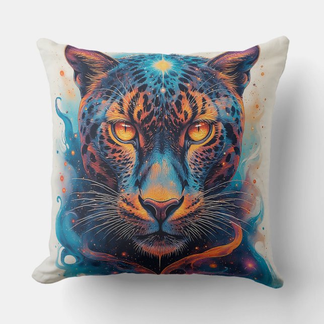 Panther Portrait with Abstract Fiery Elements Cushion (Front)