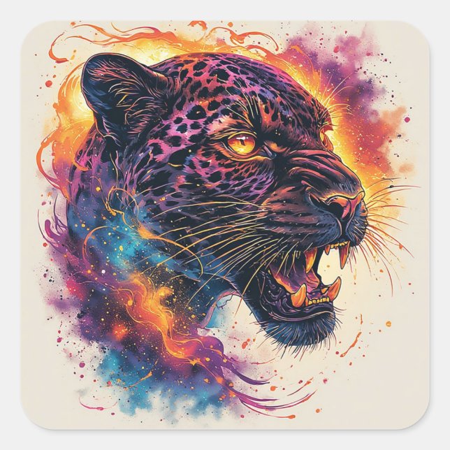 Panther Portrait with Abstract Fiery Elements Square Sticker (Front)