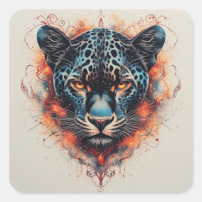 Panther Portrait with Abstract Fiery Elements Square Sticker (Front)