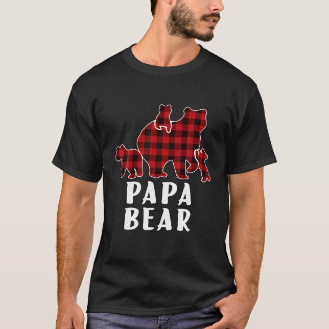 Papa Bear 3 Cubs , Christmas Mama Bear Plaid Pajam T-Shirt (Front)